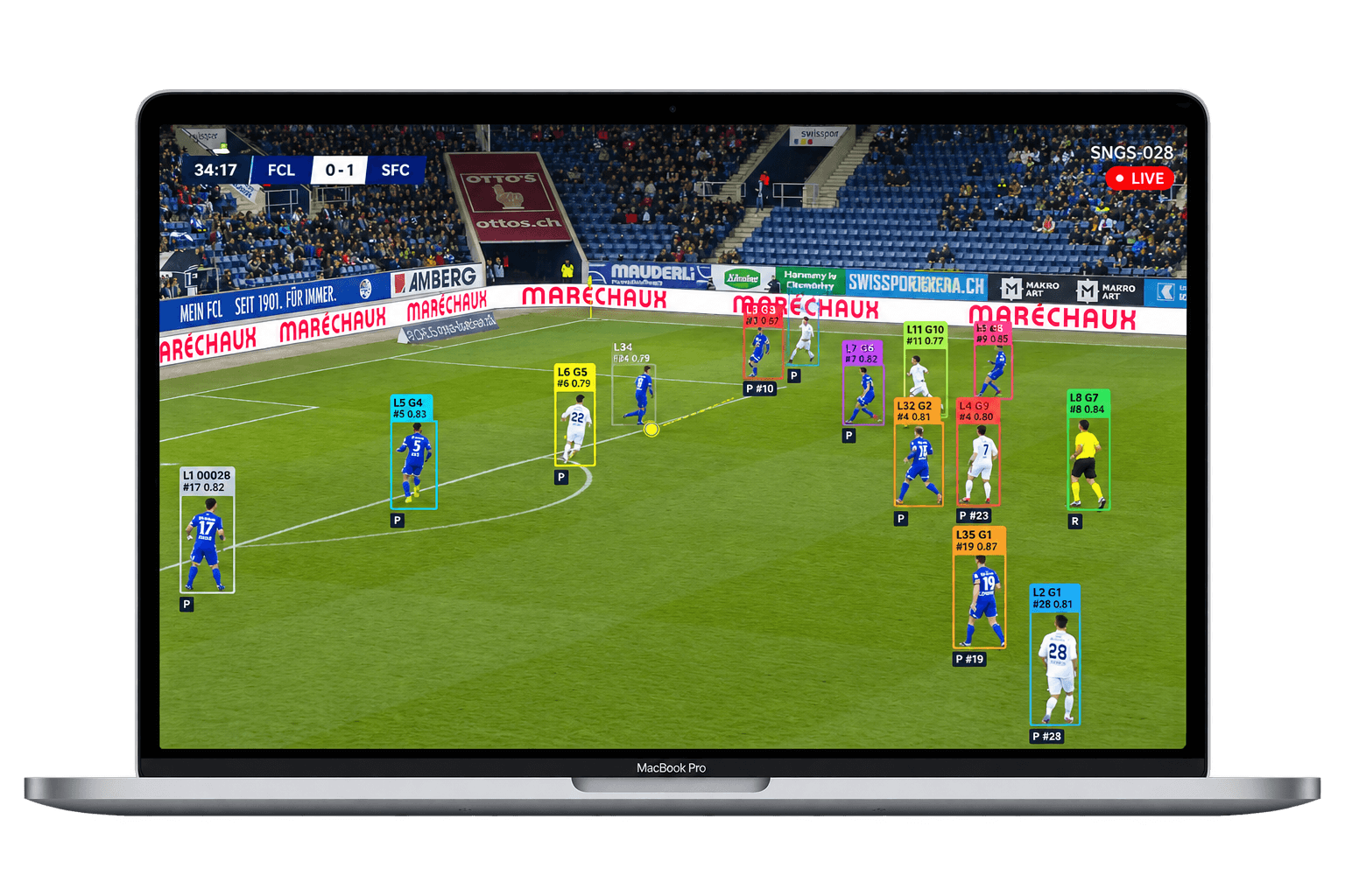 Laptop displaying a live football match with AI-powered player tracking, detection boxes and real-time match analysis.