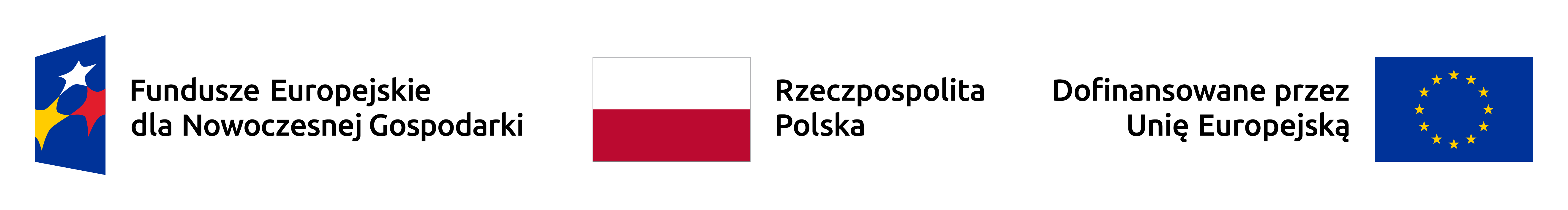 Logo Funduszy Europejskich dla Nowoczesnej Gospodarki, flaga Polski z napisem Rzeczpospolita Polska, oraz flaga Unii Europejskiej z napisem Dofinansowane przez Unię Europejską.