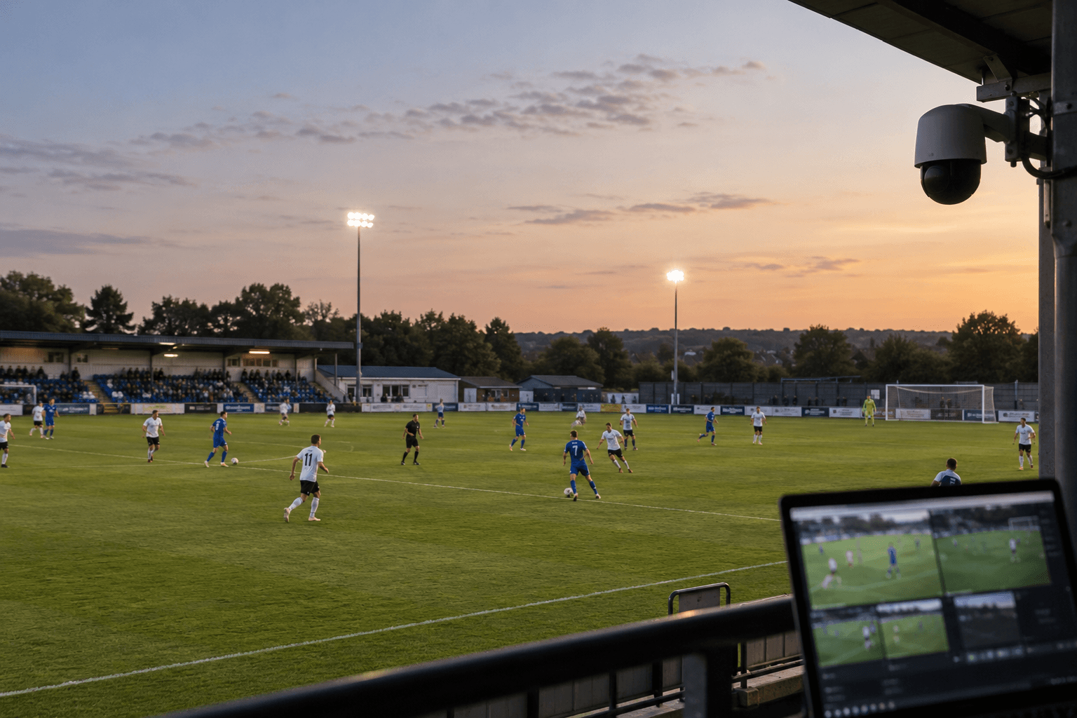 Football match at a local stadium at sunset, with an automated PTZ camera and a laptop showing a multi-camera live production preview.