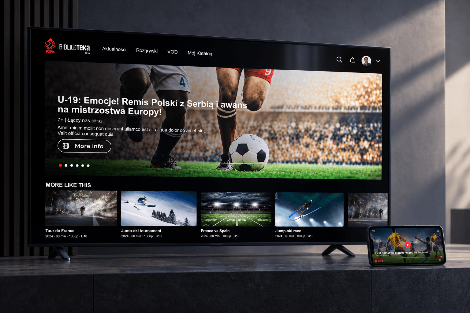 PZPN football streaming platform displayed on a smart TV, with a live football match on a smartphone, illustrating a multi-device OTT platform for sports federations.
